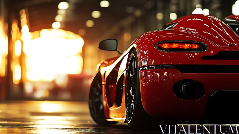 Red supercar rear glows under dramatic golden sunset light.