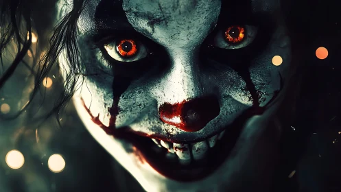 Close-up portrait of sinister clown face in darkness.