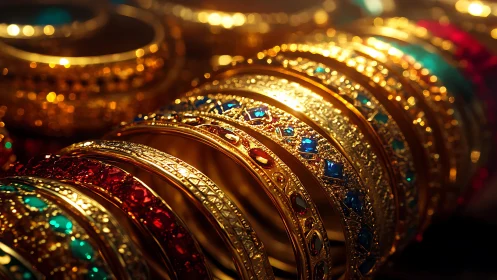 Radiant gold bangles glow with colorful gemstone sparkle