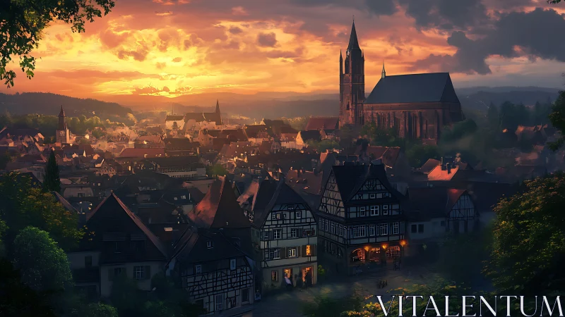 Sunset glow rolls gently over a storybook European town