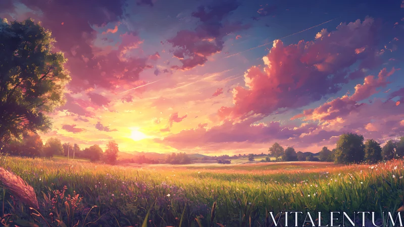 Sunset over open meadow with distant trees and clouds.