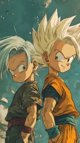 Dynamic cel-shaded anime duo rendered with textured line work