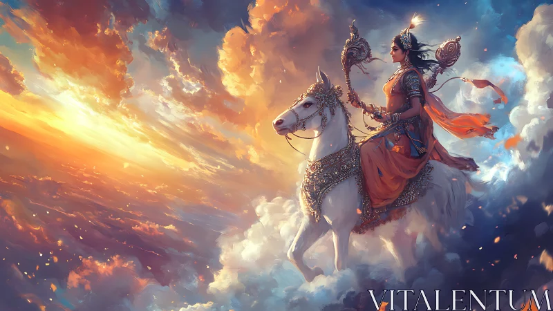 Divine warrior goddess rides through blazing celestial sky.