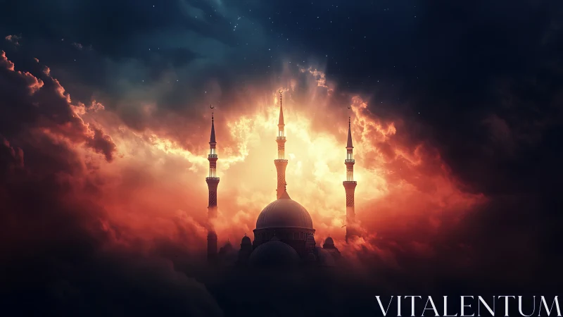 Mosque silhouette with minarets framed by luminous clouds.