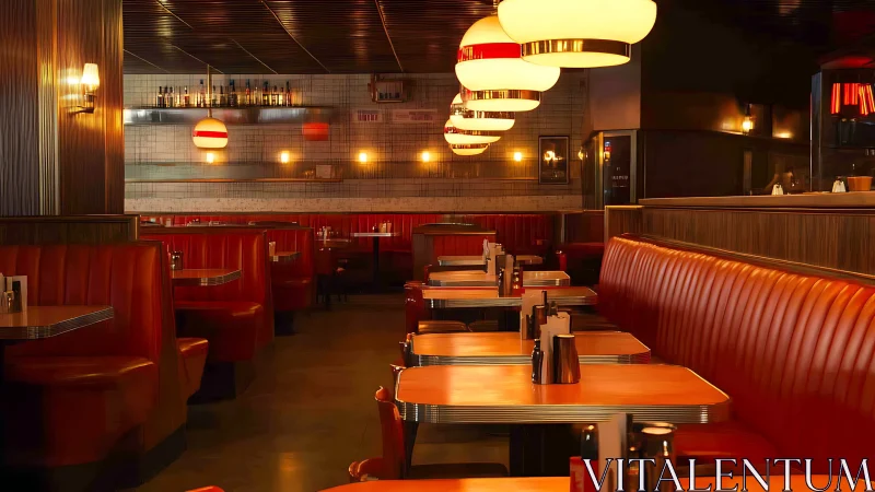 Empty retro diner interior shows red booths and warm lights