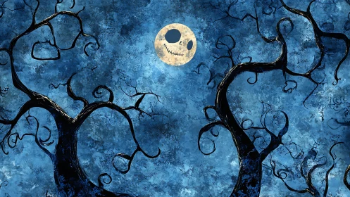 Moonlit twisted trees with stylized skull-like moon face.