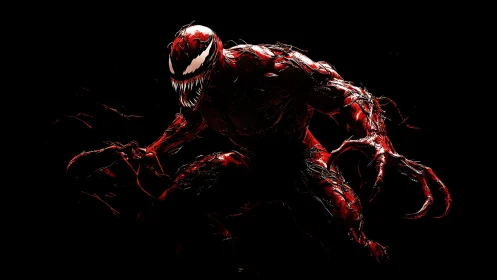 Symbiotic red creature lunges forward in high-contrast digital art