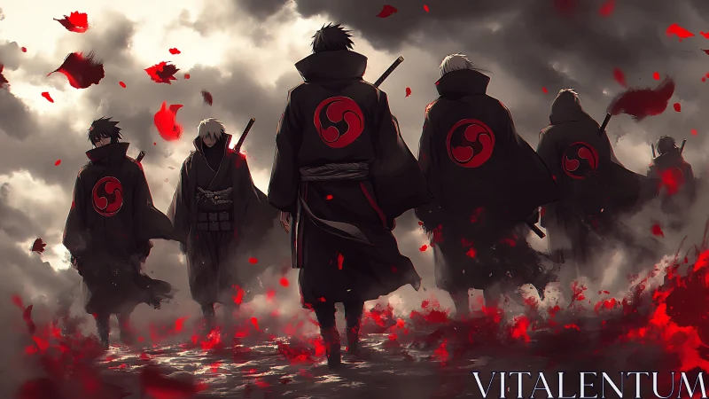 Anime warrior cohort in crimson-infused atmospheric backlight.