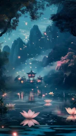 Mystic lakeside pagodas under glowing night sky lights.