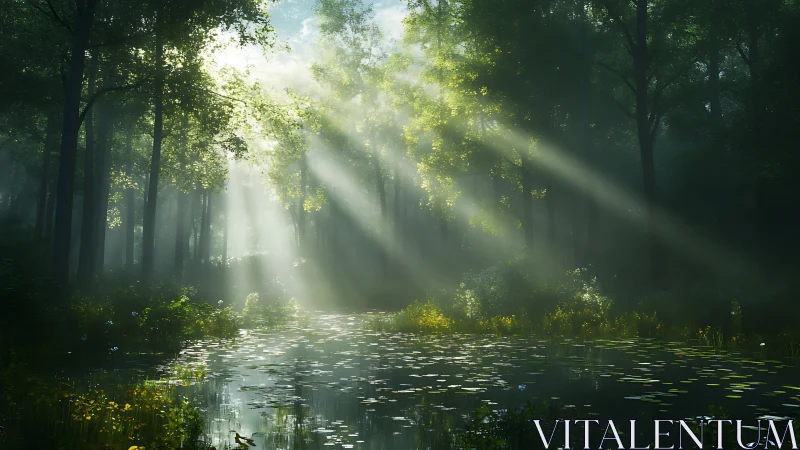Digital painting of sunlit forest pond with volumetric rays.