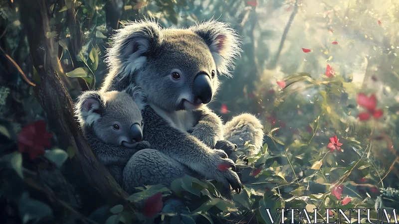 Koala mother cradles her drowsy joey in sunlit forest hush