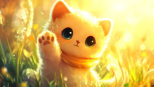 Sunlit chibi kitten waving paw in glowing meadow scene.