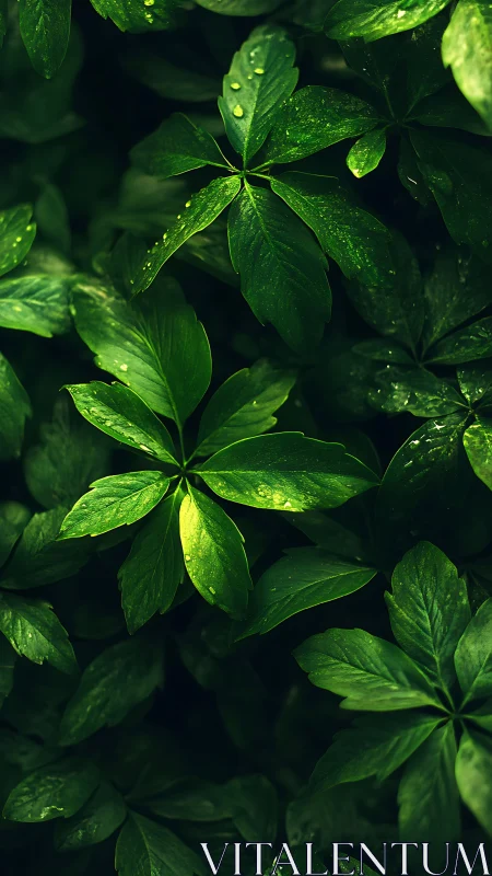 Macro foliage study isolates wet radial leaves in low-key light
