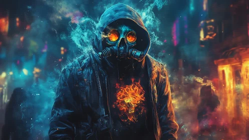 Hooded ember-walker in neon smoke with molten mask eyes.