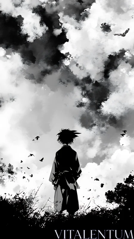 Solitary wanderer contemplates storm-swept monochrome sky