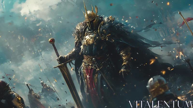 Armored warlord with sword amid burning battlefield.