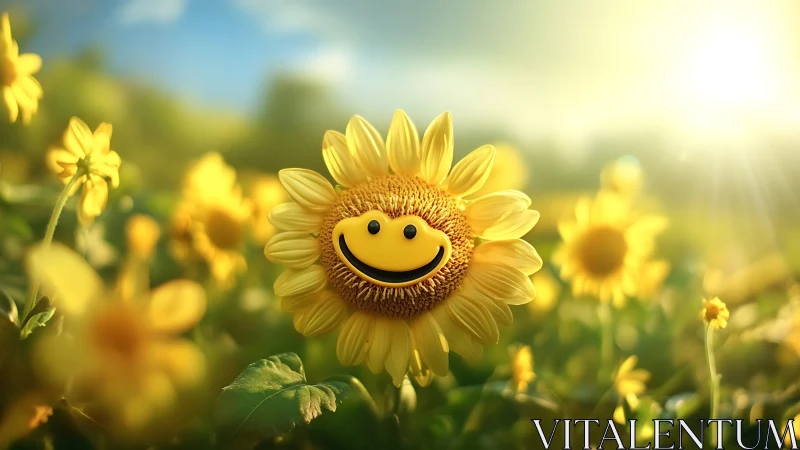 Smiley-faced sunflower rendered in luminous digital realism