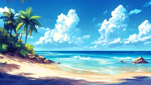 Tropical Paradise Beach with Palm Trees and Azure Waters.