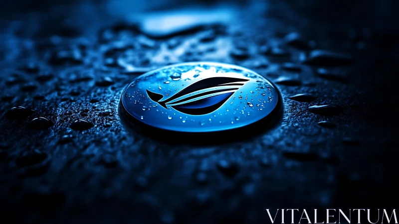 Circular metallic emblem rests on wet textured surface