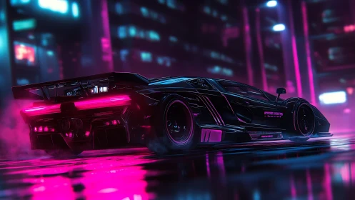 Neon supercar glows through a futuristic cyberpunk city night