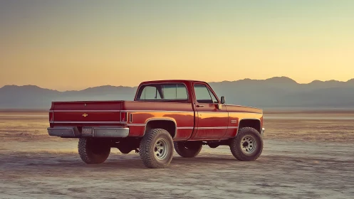 Classic red pickup truck rests on sunlit desert flats