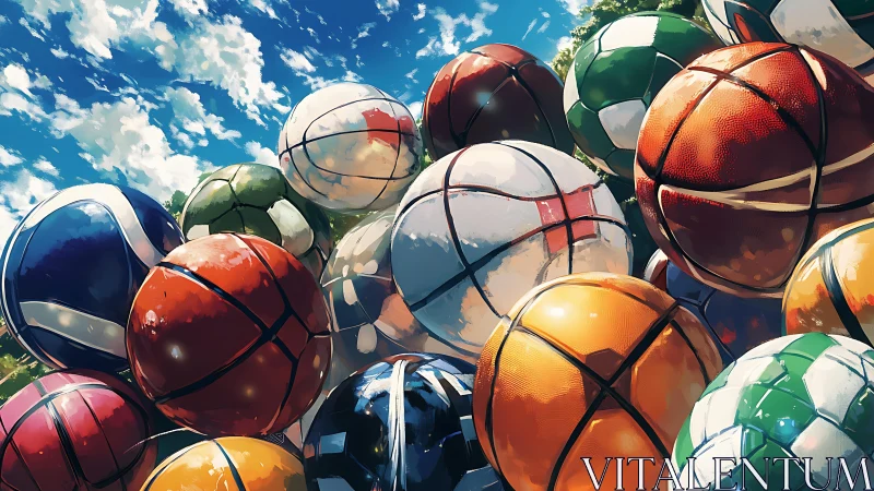 Color-saturated sports balls cluster under vivid summer sky