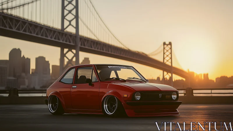 Stanced classic red hatchback under suspension bridge at sunset