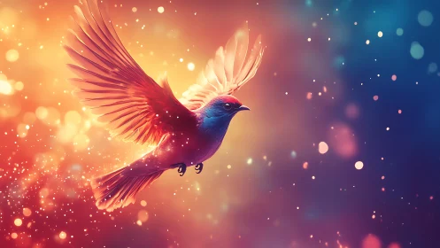 Vibrant bird in flight amid glowing lights, digital fantasy art.