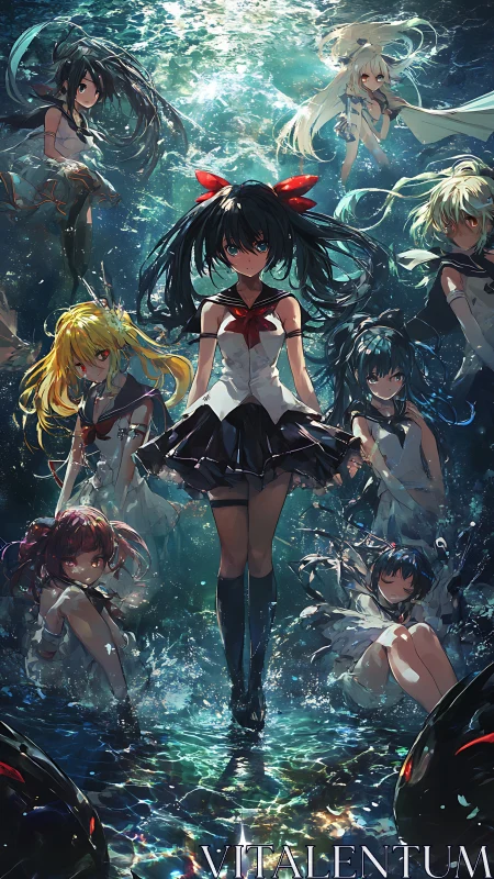 Underwater anime squad in luminous aquatic battle tableau