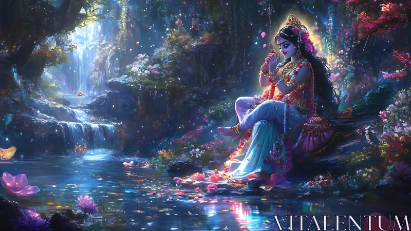 Divine maiden meditates by a sparkling enchanted forest pool