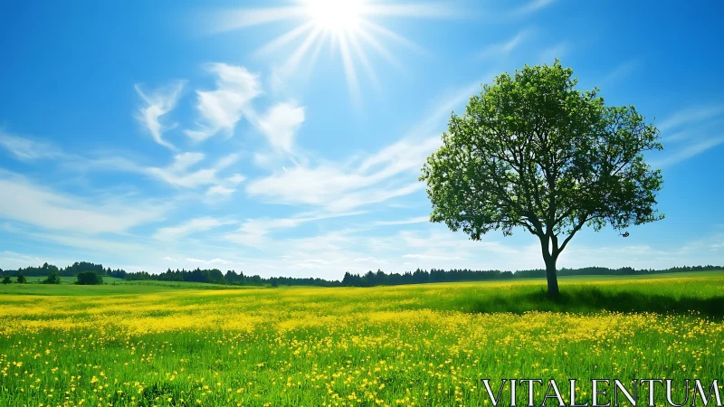 Solitary tree in wide green meadow under bright midday sun.