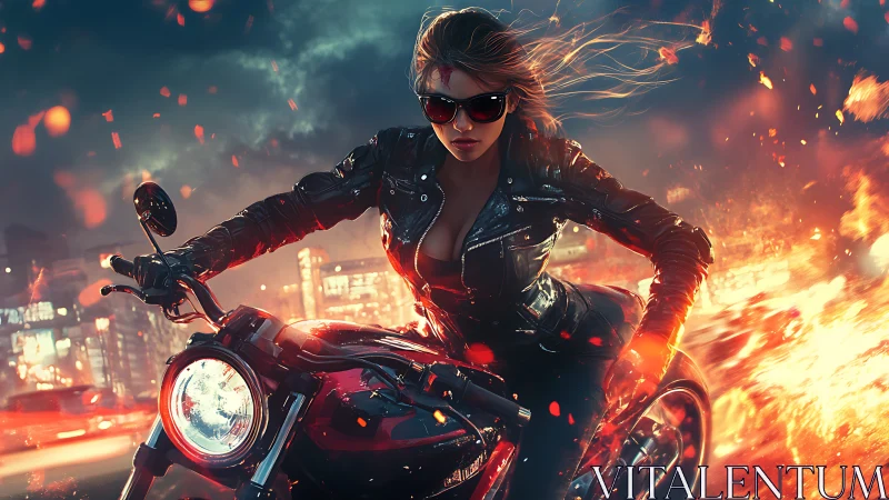 Fearless biker cuts through blazing city nightscape.