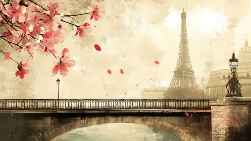Paris bridge skyline with cherry blossoms in painterly haze.