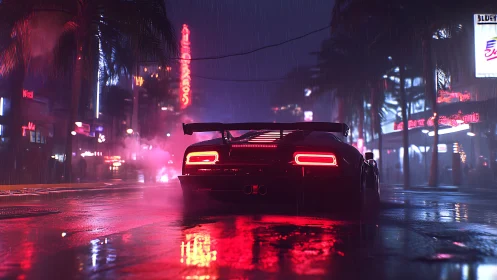 Neon soaked supercar glows softly on a rainy city night