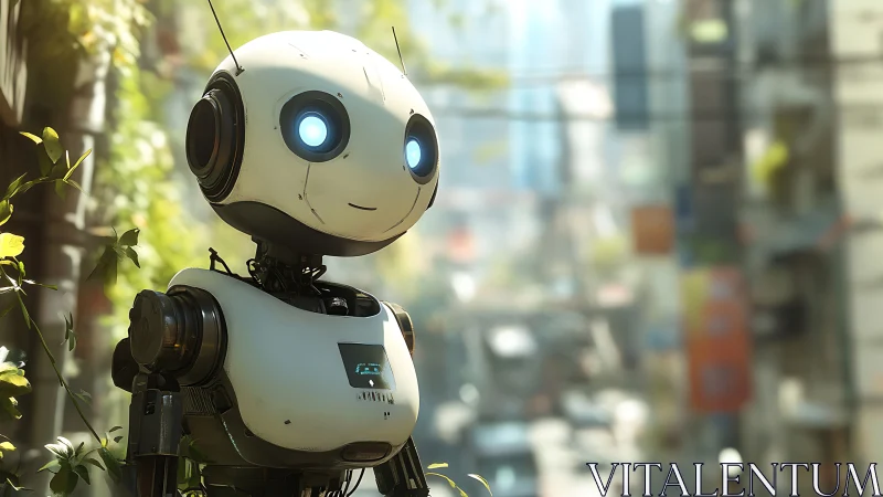 Friendly urban robot gazes curiously into soft morning light.