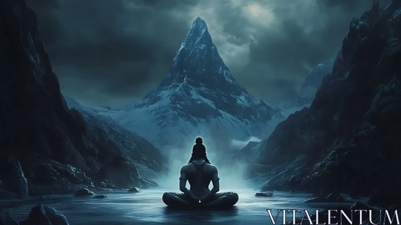 Meditating figure faces towering icy mountain under storm
