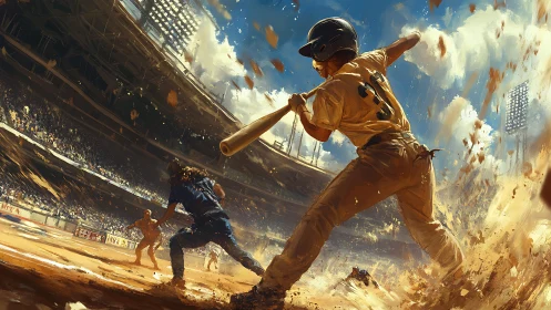 Blazing batter at full swing in sunlit stadium dust storm.