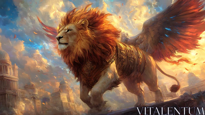 Winged lion guardian strides above radiant sky city.