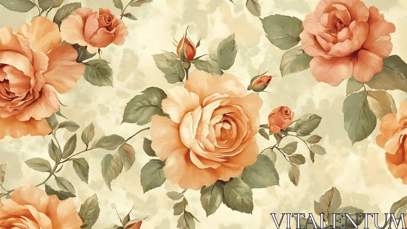 Botanical watercolor study with apricot roses against cream ground.