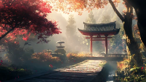 Morning light welcomes a tranquil red gate in autumn woods