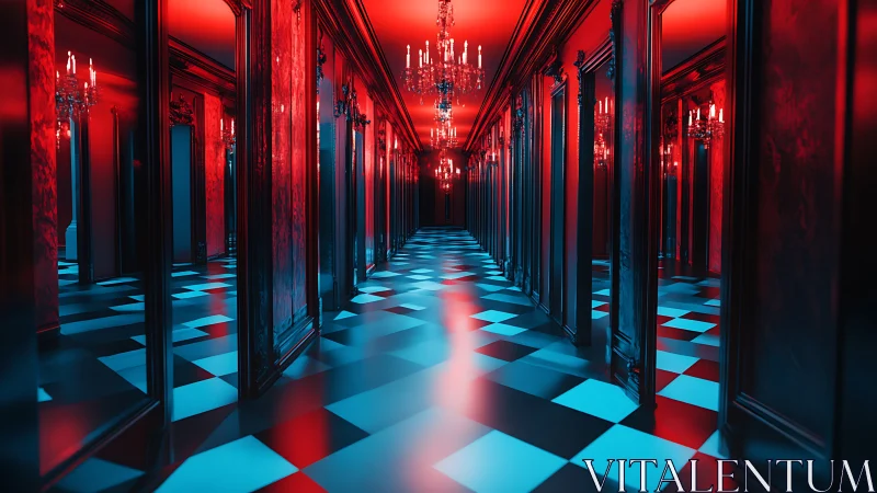 Crimson mirror corridor under neon chandeliers of illusion.
