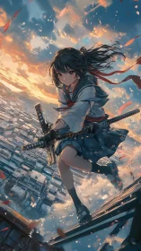 Skyline samurai schoolgirl poised between clouds and steel.
