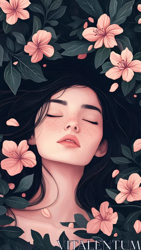 Freckled dreamer curled in blush flowers and midnight leaves.