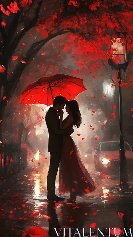 Red Umbrella Couple Rain Scene. Romantic Silhouette.