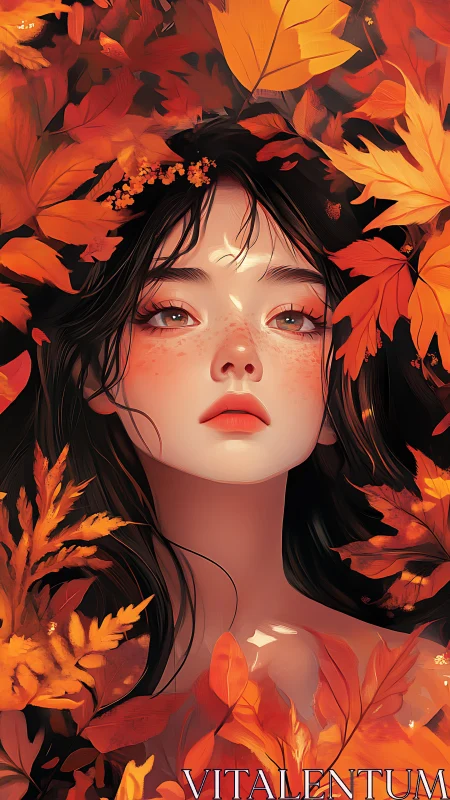 Autumn muse portrait framed by luminous scarlet foliage.
