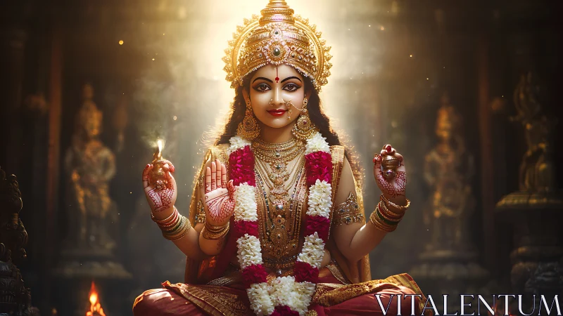 Digital rendering of Hindu goddess figure in temple interior.