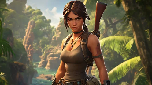 Fearless jungle explorer standing ready in lush green wilds.