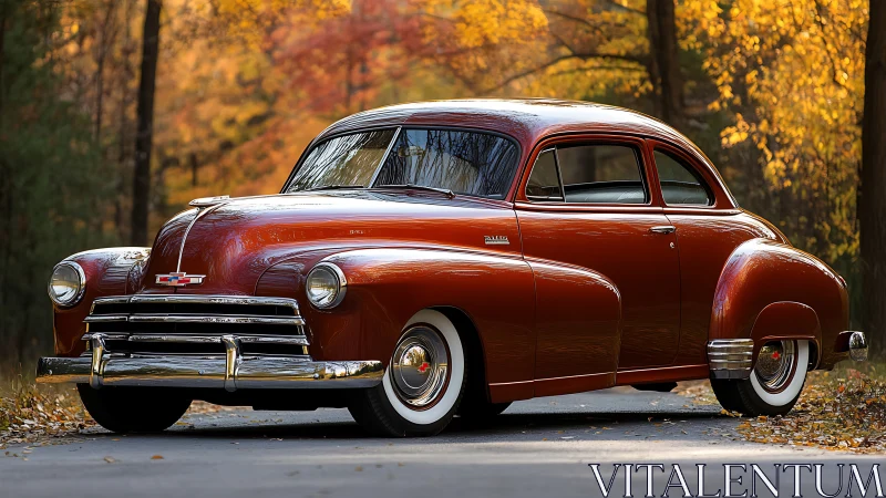 Vintage red coupe car parked on forest road in autumn