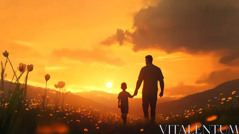 Sunlit footsteps of father and child across glowing meadow.