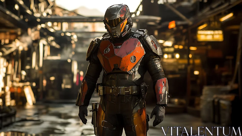 Armored sci fi sentinel in worn market alleyway at dusk.